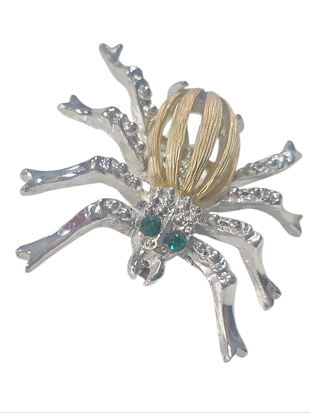 Silver & Gold Spider Brooch with Green Crystal Eyes